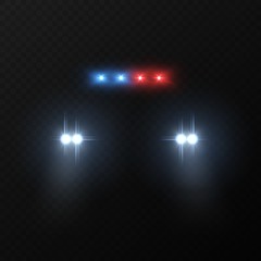 Fototapeta na wymiar Police car headlights. Patrol police car with flashing light and headlights in dark, automobile silhouette with light effect vector mockup