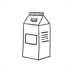 A carton of milk. Vector linear illustration in doodle style. A pack of juice, milk. Freehand drawing.