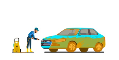 Cool vector flat illustration on dirty and clean car. Car wash stages process from dirty to clean. Dirt, foam covered and shining clean car isolated. Car wash creative design elements