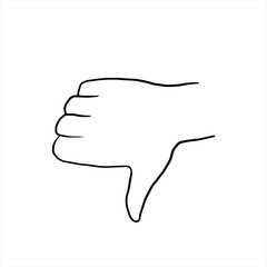 Thumb down. Vector linear drawing by hand. Hand symbol. Illustration of hands in doodle style.