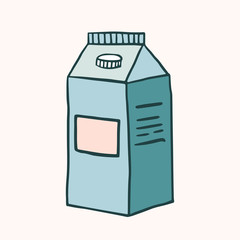 A carton of milk. Vector color illustration in doodle style. A pack of juice, milk. Freehand drawing.