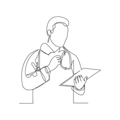 Continuous line drawing of man hospital doctor holding patient paper document. Vector illustration.