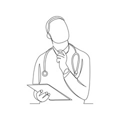 Continuous line drawing of man hospital doctor holding patient paper document. Vector illustration.
