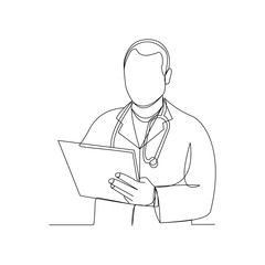 Continuous line drawing of man hospital doctor holding patient paper document. Vector illustration.