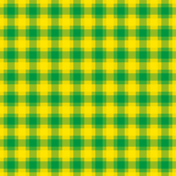 Yellow and green check pattern, square seamless tile. Also called checker or chequer. Step pattern, a texture used for textiles. Horizontal and vertical lines forming squares. Illustration. Vector.