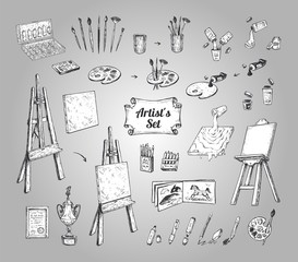 Drawing and painting supplies, vector icons set. Hand drawn sketch of artist tools - paint brushes, pencil, palette with tubes, pen and canvas or easel isolated objects. Vector vintage illustrations