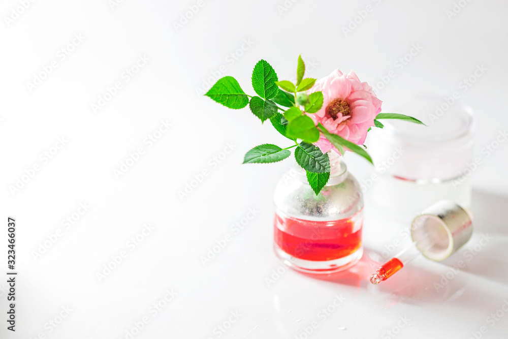 Wall mural Bottle of rose essential oil and flowers on white background. Massage, aromatherapy and organic cosmetics concept.