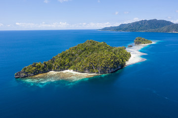 Limestone islands are surrounded by healthy coral reefs in Raja Ampat, Indonesia. This beautiful region is thought to be the world's epicenter of marine biodiversity.