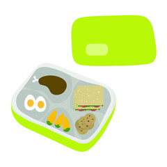 Flat vector green lunchbox with food isolated on white background.