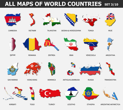 All maps of world countries and flags . Set 3 of 10 . Collection of outline shape of international country map with shadow . Flat design . Vector .