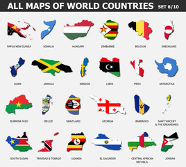 Obraz premium All maps of world countries and flags . Set 6 of 10 . Collection of outline shape of international country map with shadow . Flat design . Vector .