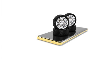 Car wheels placed on the phone screen. Placed separately on a white background. concept art, idea. 3d rendering.