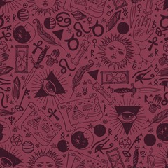 Esoteric astronomy symbols in seamless pattern, vector illustration. Hand drawn icons, isolated graphic signs of zodiac, destiny prediction symbols. Astrology and alchemy, magic signs and runes