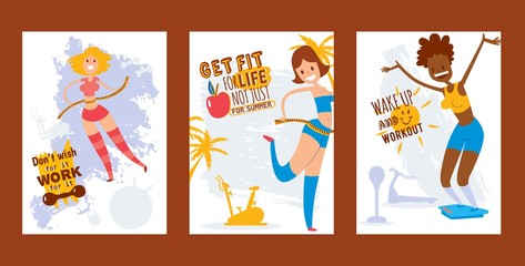 Workout motivation typography poster with fit strong woman doing sport exercise in gym vector illustration. Healthy lifestyle banner template with training active girl and motivational quote.