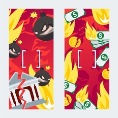 Finance business crisis vector illustration for vertical banner layout with burning money, broken bank, dollar coins, bomb cartoons. Financial risk and economy problem, bankruptcy concept, fire flame.