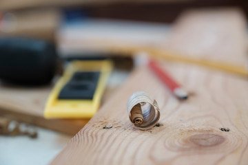 Close up of wood shavings on the carpenter's workbench.