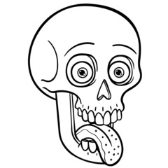 monochrome funny illustration of a skull with tongue out and crazy look.  Vectors, comic, Halloween, horror, coloring.