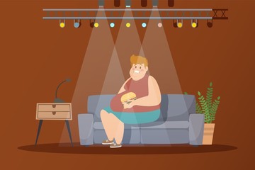 Fast food vector illustration with cartoon character overweight man eating hamburger sitting on the couch under spotlight. Hungry adult person with burger. Unhealthy lifestyle, obesity from junk food