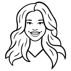 beautiful laughing woman with long flowing hair. outline comic illustration, hair, hairdresser, avatar, vector.