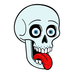 Funny skull with tongue out and eyeballs. laugh, halloween, t-shirt, cartoon, vector, isolated.