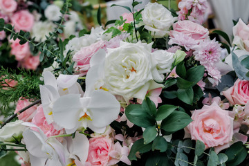 wedding decoration elements, wedding decoration, wedding flower decoration in the park, flower-decorated table, natural flowers, roses, flower arc, hearts soft focus
