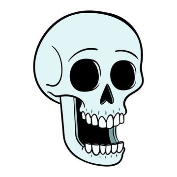 funny skull with open mouth and astonished look. vector illustration, cartoon, drawing, comic, gray, black, isolated.