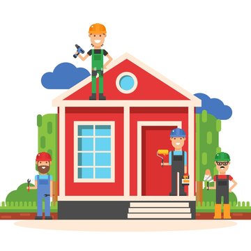 House repair workers tools vector illustration. Teamwork of builder men cartoon characters in helmets, home job. Repairman on roof with screwdriver and toolkit, workers wrench, spatula, paint.