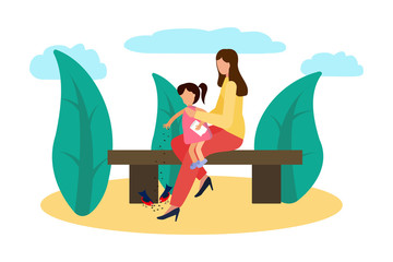 Vector illustration Mother and daughter in the park feed the birds. Happy family loving mother.