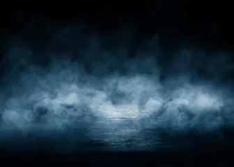 Abwaschbare Fototapete Rauch Dunkelblauer abstrakter futuristischer Hintergrund. Laser-Neonstrahlen. Neonlicht, Reflexion auf dem Asphalt, Rauch, Smog