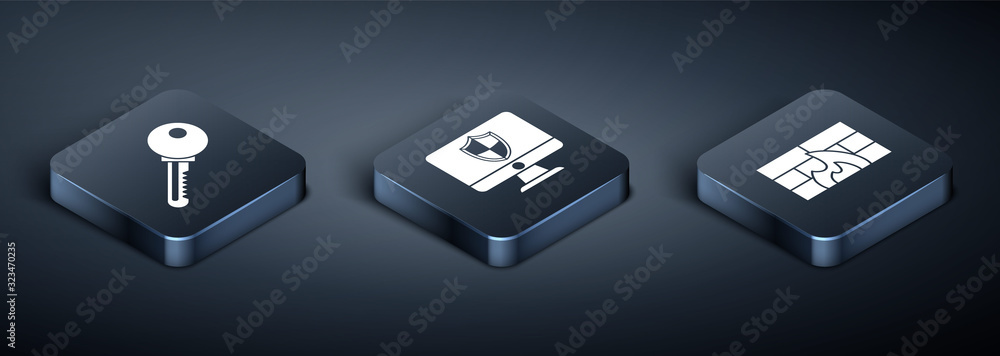 Poster set isometric key , firewall, security wall and computer monitor and shield icon. vector