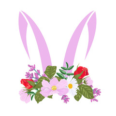 Silhouette of the ears of an Easter Bunny with a flower wreath on its head. Rabbit ears.