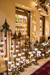 Oriental lamps in brass with colorful glasses. Very popular lamps in the middle east.