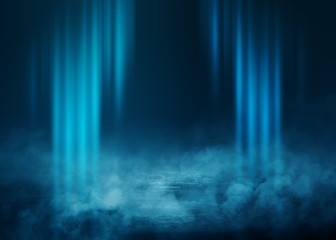 Fototapeta premium Dark blue abstract futuristic background. Laser neon rays. Neon light, reflection on the asphalt, smoke, smog