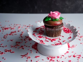 Chocolate cupcake with chocolate frosting and a pink rose on a white raised platter with red and pink sprinkles scattered like confetti with a white and black background, perfect to show love.