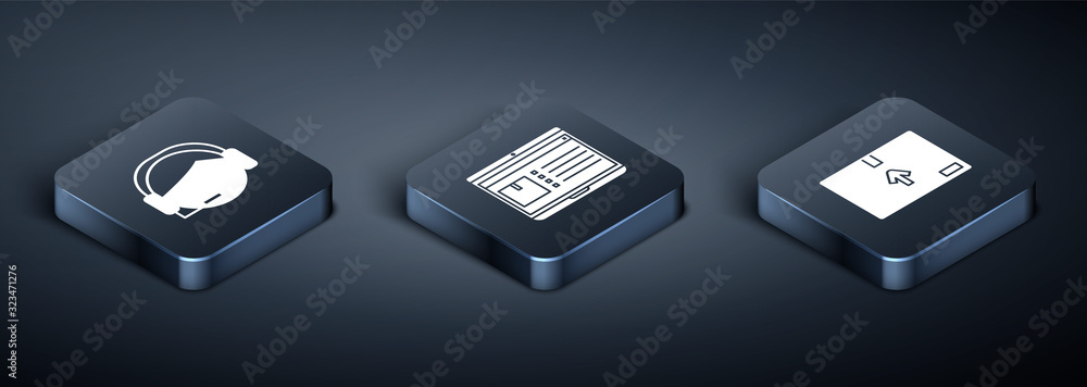 Poster set isometric support operator in touch, cardboard box with traffic symbol and laptop with app deliv