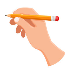 Hand with a pencil on a white background. Writing of the text.
