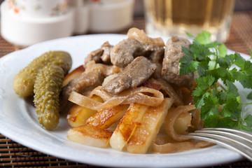 Beef liver with mushrooms and onions
