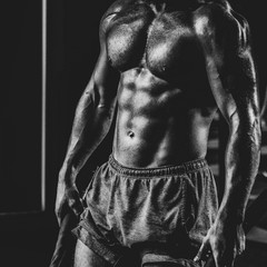 close up of handsome muscular man exercising with battle rope in gym, dramatic black and white image
