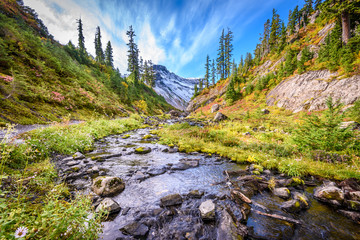 Beautiful Mountain River at the Bagley Lake Trail Park. Mount Baker, Washington, USA.