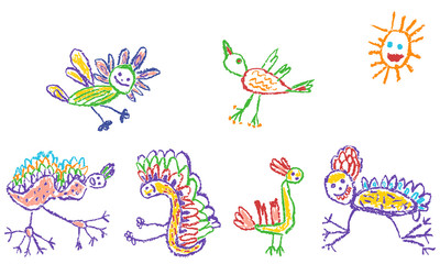 Tropical crazy fantastic doodle birds animal or insect set. Crayon like kid`s hand drawn colorful bright funny jungle flying monsters. Blossom vivid plants. Vector pastel chalk or pencil childlike art