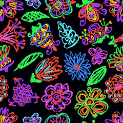 Tropical crazy fantastic flower seamless pattern. Crayon like kids hand drawn acid colorful bright floral set. Blossom jungle plant. Vector pastel chalk doodle neon vivid psychedelic trippy background