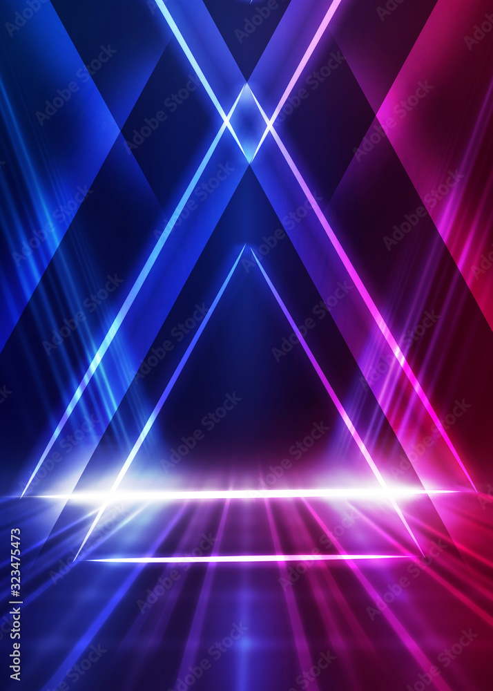 Poster dark abstract futuristic background. geometric laser figure in the center of the stage. neon blue-pi