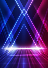 Dark abstract futuristic background. Geometric laser figure in the center of the stage. Neon blue-pink rays of light on a dark background - obrazy, fototapety, plakaty