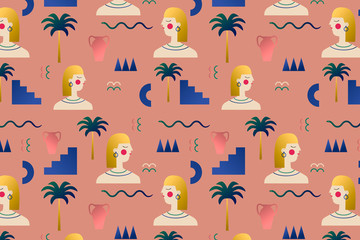Graphic seamless bright flat stylish pattern. Trendy shapes and elements on the isolated background.