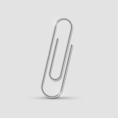 Metal clip. Realistic paperclip attach. Office metal binder with shadow. Vector attach on gray background