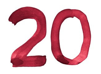 Watercolor numbers, hand-drawn by brush. Burgundy vintage symbol. Template for greetings, design, postcards, decoration.