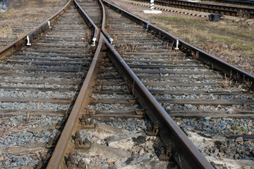 Railway fragment in Ukraine. Joint of rails. Close up. Choice concept.