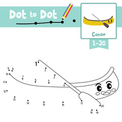 Dot to dot educational game and Coloring book Canoe cartoon character side view vector illustration