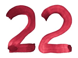 Watercolor numbers, hand-drawn by brush. Burgundy vintage symbol. Template for greetings, design, postcards, decoration.