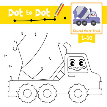 Dot to dot educational game and Coloring book Cement Mixer Truck cartoon character side view vector illustration